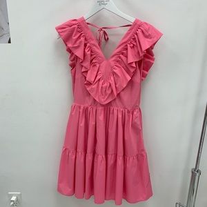 Bubble gum pink ruffle dress with tie at back of neck